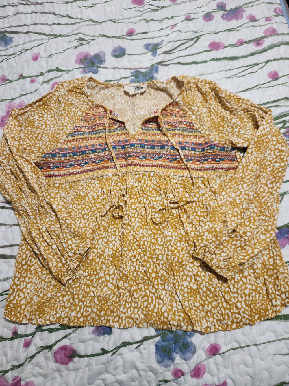 Savanna Jane Ester Embroidered Mustard Yellow Printed Women's Peasant Top